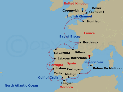 18 Night - Iconic Western Europe - Viking Libra - Starting in London (Greenwich), Dover UK, Paris (Honfleur), Sail the Atlantic Ocean, Bordeaux, Bilbao, A Coruna, Porto (Leixoes), Lisbon, Seville (Cadiz), Tangier, Granada (Malaga), Murcia (Cartagena ES, Spain), Palma De Mallorca, Barcelona itinerary map