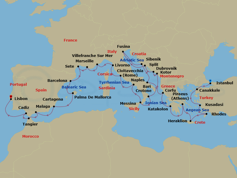 35 Night - Grand Mediterranean Explorer - Viking Jupiter - Starting in Istanbul, Troy (Canakkale), Ephesus (Kusadasi), Rhodes, Crete (Heraklion), Athens (Piraeus), Katakolon (Olympia), Corfu (Kerkyra), Kotor, Dubrovnik, Croatia, Split, Venice (Fusina), Sibenik, Bari, Crotone, Sicily (Messina), Naples, Rome (Civitavecchia), Florence / Pisa (Livorno), Monte Carlo, Marseille, Sete, Barcelona, Palma De Mallorca, Murcia (Cartagena ES, Spain), Granada (Malaga), Tangier, Seville (Cadiz), Lisbon itinerary map