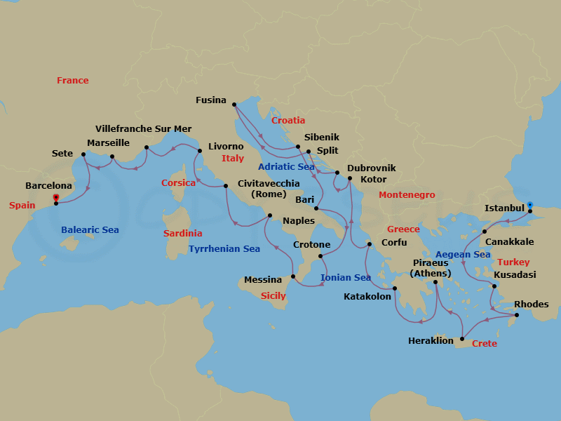 28 Night - Mediterranean's Iconic Shores - Viking Jupiter - Starting in Istanbul, Troy (Canakkale), Ephesus (Kusadasi), Rhodes, Crete (Heraklion), Athens (Piraeus), Katakolon (Olympia), Corfu (Kerkyra), Kotor, Dubrovnik, Croatia, Split, Venice (Fusina), Sibenik, Bari, Crotone, Sicily (Messina), Naples, Rome (Civitavecchia), Florence / Pisa (Livorno), Monte Carlo, Marseille, Sete, Barcelona itinerary map