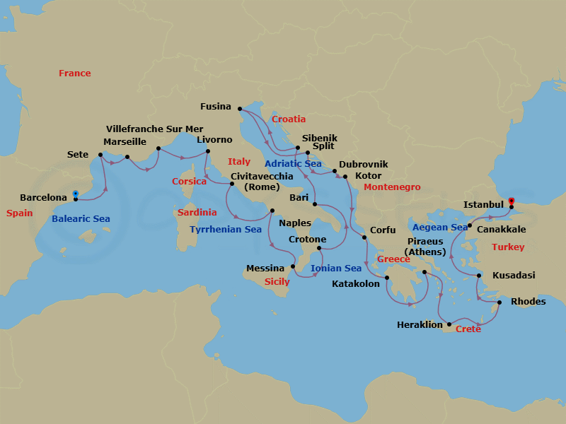 28 Night - Mediterranean's Iconic Shores - Viking Jupiter - Starting in Barcelona, Sete, Marseille, Villefranche-Sur-Mer, Florence / Pisa (Livorno), Rome (Civitavecchia), Naples, Sicily (Messina), Crotone, Bari, Sibenik, Venice (Fusina), Split, Dubrovnik, Croatia, Kotor, Corfu (Kerkyra), Katakolon (Olympia), Athens (Piraeus), Crete (Heraklion), Rhodes, Ephesus (Kusadasi), Troy (Canakkale), Istanbul itinerary map