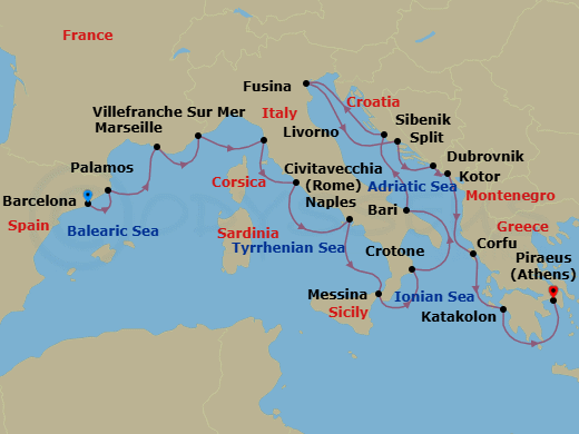 21 Night - Mediterranean & Adriatic Sojourn - Viking Jupiter - Starting in Barcelona, Palamos, Marseille, Villefranche-Sur-Mer, Florence / Pisa (Livorno), Rome (Civitavecchia), Naples, Sicily (Messina), Crotone, Bari, Sibenik, Venice (Fusina), Split, Dubrovnik, Croatia, Kotor, Corfu (Kerkyra), Katakolon (Olympia), Athens (Piraeus) itinerary map