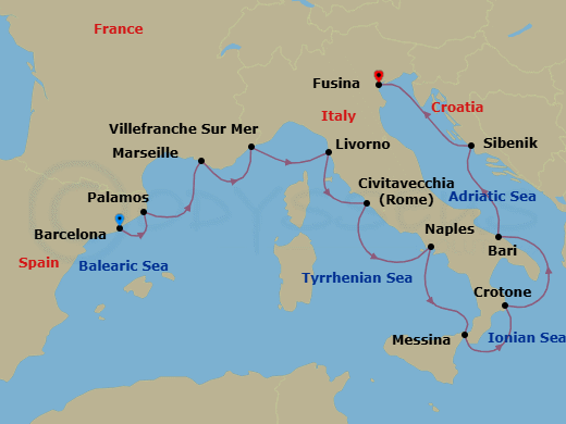 14 Night - Mediterranean & Italian Sojourn - Viking Jupiter - Starting in Barcelona, Palamos, Marseille, Villefranche-Sur-Mer, Florence / Pisa (Livorno), Rome (Civitavecchia), Naples, Sicily (Messina), Crotone, Bari, Sibenik, Venice (Fusina) itinerary map
