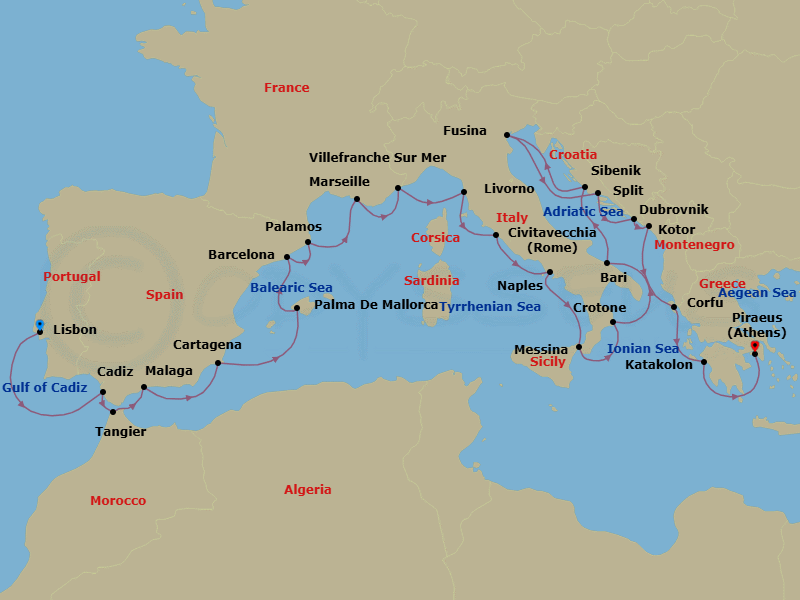 28 Night - Mediterranean Explorer - Viking Jupiter - Starting in Lisbon, Seville (Cadiz), Tangier, Granada (Malaga), Murcia (Cartagena ES, Spain), Palma De Mallorca, Barcelona, Palamos, Marseille, Villefranche-Sur-Mer, Florence / Pisa (Livorno), Rome (Civitavecchia), Naples, Sicily (Messina), Crotone, Bari, Sibenik, Venice (Fusina), Split, Dubrovnik, Croatia, Kotor, Corfu (Kerkyra), Katakolon (Olympia), Athens (Piraeus) itinerary map