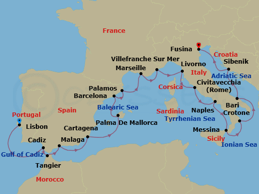 21 Night - Adriatic & Mediterranean Discovery - Viking Jupiter - Starting in Lisbon, Seville (Cadiz), Tangier, Granada (Malaga), Murcia (Cartagena ES, Spain), Palma De Mallorca, Barcelona, Palamos, Marseille, Villefranche-Sur-Mer, Florence / Pisa (Livorno), Rome (Civitavecchia), Naples, Sicily (Messina), Crotone, Bari, Sibenik, Venice (Fusina) itinerary map