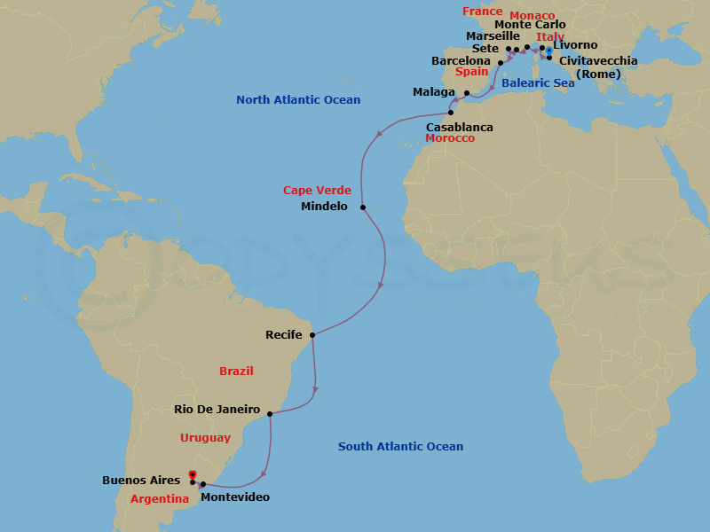 28 Night - The Mediterranean & South Atlantic - Viking Jupiter - Starting in Rome (Civitavecchia), Florence / Pisa (Livorno), Monte Carlo, Marseille, Sete, Barcelona, Sail the Mediterranean Sea, Granada (Malaga), Casablanca, Sail the Atlantic Ocean, Sao Vicente Island (Mindelo), Sail the Atlantic Ocean, Recife, Sail the Atlantic Ocean, Rio De Janeiro, Sail the Atlantic Ocean, Montevideo, Buenos Aires itinerary map