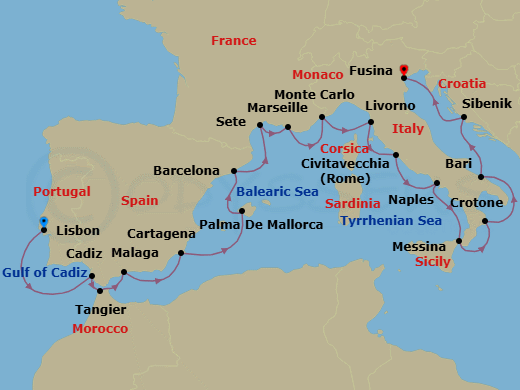 21 Night - Adriatic & Mediterranean Discovery - Viking Jupiter - Starting in Lisbon, Seville (Cadiz), Tangier, Granada (Malaga), Murcia (Cartagena ES, Spain), Palma De Mallorca, Barcelona, Sete, Marseille, Monte Carlo, Florence / Pisa (Livorno), Rome (Civitavecchia), Naples, Sicily (Messina), Crotone, Bari, Sibenik, Venice (Fusina) itinerary map