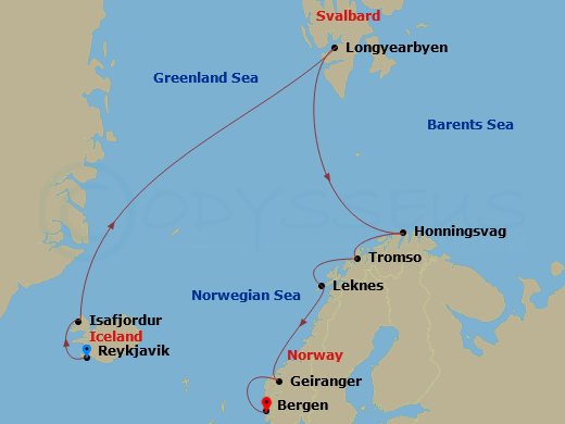 Viking Astrea - 14 Night - Iceland & Norway's Arctic Explorer - Viking Astrea - Starting in Reykjavik, Isafjordur, Sail the Norwegian Sea, Longyearbyen, Sail the Barents Sea,.. itinerary map