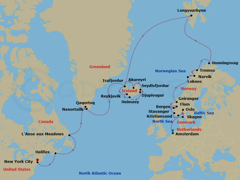 35 Night - Grand Fjords & Iconic Viking Shores - Viking Astrea - Starting in Amsterdam, Sail the North Sea, Skagen, Oslo, Kristiansand, Stavanger, Flam, Norway, Bergen, Geiranger, Norway, Scenic Sailing Norwegian Inside Passage, Lofoten (Leknes), Narvik, Tromso, Honningsvag, Sail the Barents Sea, Longyearbyen, Sail the Norwegian Sea, Isafjordur, Reykjavik, Heimaey Westman Islands, Djupivogur, Seydisfjordur, Akureyri, Isafjordur, Sail the Atlantic Ocean, Nanortalik, Qaqortoq, Sail the Labrador Sea, Lanse Aux Meadows, Newfoundland, Sail the Gulf of St Lawrence, Halifax, Nova Scotia, Sail the Atlantic Ocean, New York City, New York itinerary map