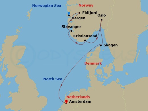 7 Night - Viking Shores & Fjords - Viking Astrea - Starting in Bergen, Eidfjord, Stavanger, Kristiansand, Oslo, Skagen, Sail the North Sea, Amsterdam itinerary map