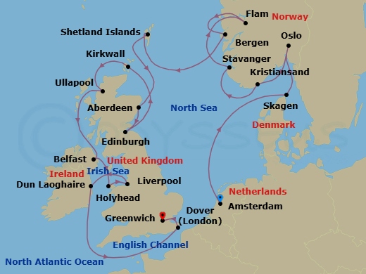 21 Night - British Isles & Viking Shores - Viking Astrea - Starting in Amsterdam, Sail the North Sea, Skagen, Oslo, Kristiansand, Stavanger, Flam, Norway, Bergen, Shetland Islands (Lerwick), Aberdeen, Edinburgh (Newhaven Harbour), Orkney Islands (Kirkwall), The Highlands (Ullapool), Belfast, Holyhead, Liverpool, Dublin (Dun Laoghaire), Scenic Sailing English Channel, Dover UK, London (Greenwich) itinerary map