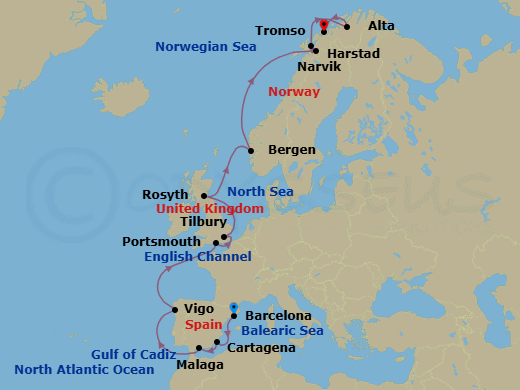 19 Night - From Iberia to the Northern Lights - Viking Astrea - Starting in Barcelona, Murcia (Cartagena ES, Spain), Granada (Malaga), Sail the Strait of Gibraltar, Vigo, Sail the Atlantic Ocean, Portsmouth UK, London (Tilbury), Sail the North Sea, Rosyth (Edinburgh), Sail the North Sea, Bergen, Scenic Sailing Norwegian Inside Passage, Narvik, Harstad, Alta, Tromso itinerary map