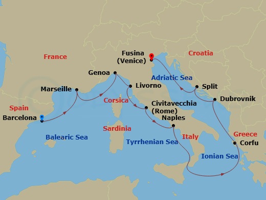 12 Night - Mediterranean Odyssey - Viking Astrea - Starting in Barcelona, Marseille, Genoa, Florence / Pisa (Livorno), Rome (Civitavecchia), Naples, Sail the Ionian Sea, Corfu (Kerkyra), Dubrovnik, Croatia, Split, Venice (Fusina) itinerary map