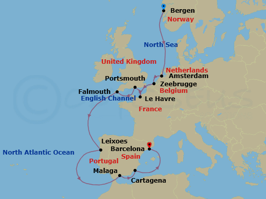 14 Night - Trade Routes of the Middle Ages - Viking Astrea - Starting in Bergen, Sail the North Sea, Amsterdam, Bruges (Zeebrugge), Paris (Le Havre), Portsmouth UK, Falmouth, Sail the Atlantic Ocean, Porto (Leixoes), Sail the Atlantic Ocean, Granada (Malaga), Murcia (Cartagena ES, Spain), Barcelona itinerary map