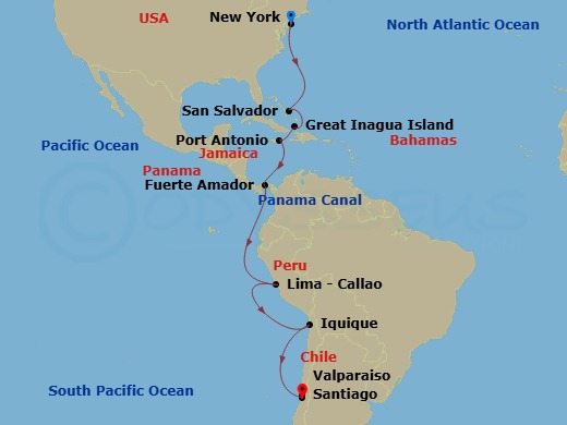 Viking Octantis - 19 Night - Panama Canal & the Americas - Viking Octantis - Starting in New York City, New York, Sail the Atlantic Ocean, San Salvador Island, Man of War Bay (.. itinerary map