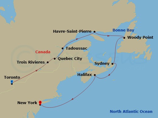Viking Octantis - 12 Night - Canadian Discovery - Viking Octantis - Starting in Toronto, Ontario, Scenic Sailing St Lawrence Seaway Locks, Trois-Rivieres, Quebec, Quebec City,.. itinerary map