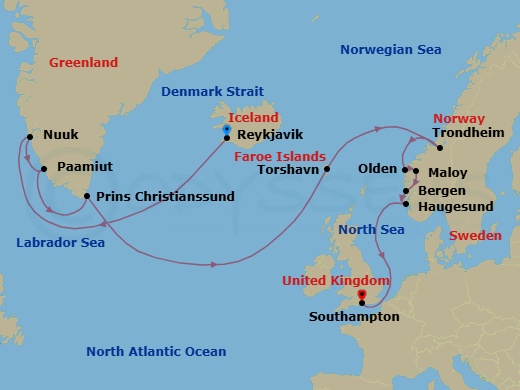 16 Night - Picture Perfect Fjords - Seven Seas Splendor - Starting in Reykjavik, Cruising the Atlantic Ocean, Cruising the Labrador Sea, Nuuk, Paamiut, Cruising Prince Christian Sound, Cruising the Atlantic Ocean, Torshavn, Faroe Islands, Cruising the Norwegian Sea, Trondheim, Maloy, Olden, Bergen, Haugesund, Cruising the North Sea, London (Southampton) itinerary map