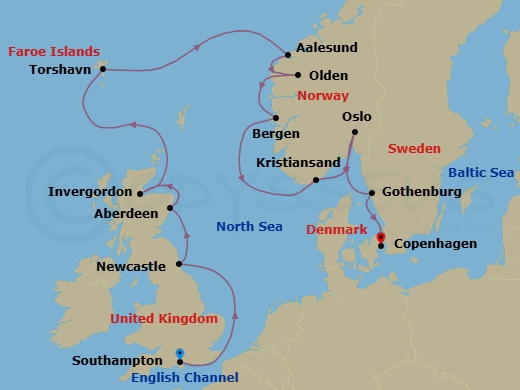 14 Night - Norwegian Seascapes - Seven Seas Splendor - Starting in London (Southampton), Cruising the North Sea, Newcastle UK, Aberdeen, Invergordon, United Kingdom, Torshavn, Faroe Islands, Cruising the Norwegian Sea, Alesund, Olden, Bergen, Kristiansand, Oslo, Gothenburg, Cruising the Skagerrak, Copenhagen itinerary map