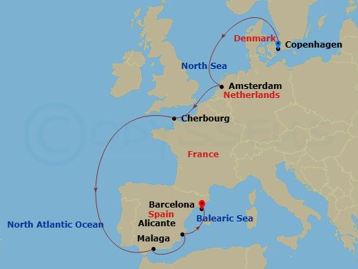 9 Night - Northern Europe - MSC Euribia - Starting in Copenhagen, Denmark, Amsterdam, Holland, Cherbourg (Mont Saint-Michel), France, Malaga (Granada), Spain, Alicante, Spain, Barcelona, Spain itinerary map