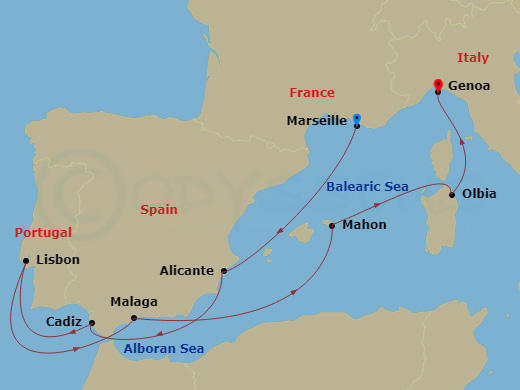 9 Night - Mediterranean - MSC Opera - Starting in Marseille (Provence), France, Malaga (Granada), Spain, Cadiz (Seville), Spain, Lisbon (Cascais), Portugal, Alicante, Spain, Mahon, Menorca, Spain, Olbia, Italy, Genoa (Portofino), Italy itinerary map