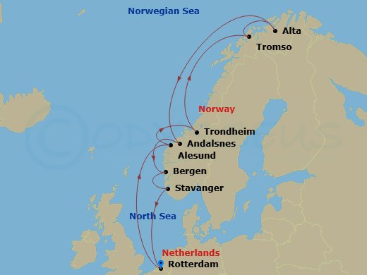 HAL Nieuw Statendam - 14 Night - Arctic Journey & Northern Lights - HAL Nieuw Statendam - Starting in Rotterdam, the Netherlands, Alesund, Norway, Trondheim, Norway, Scenic Cruisin.. itinerary map