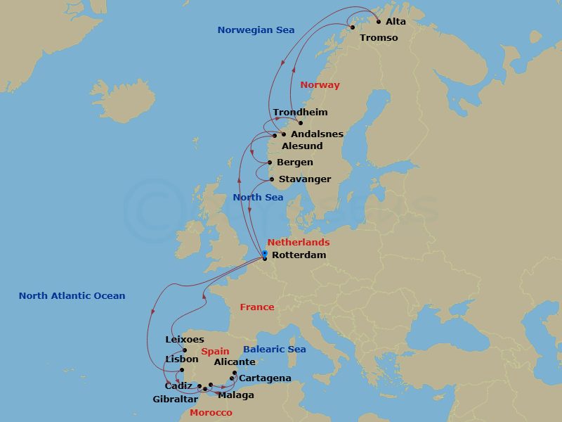 HAL Nieuw Statendam - 28 Night - Northern Lights & Mediterranean : Lisbon Overnight - HAL Nieuw Statendam - Starting in Rotterdam, the Netherlands, Alesund, Norway, Trondheim, Norw.. itinerary map