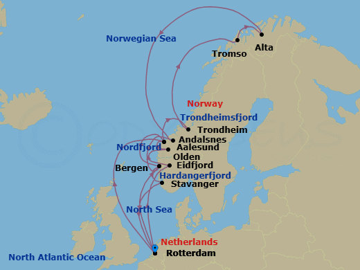 21 Night - Norwegian Fjords & Northern Lights with Nordfjord - Nieuw Statendam - Starting in Rotterdam, the Netherlands, Eidfjord, Norway, Scenic cruising Hardangerfjord, Olden, Norway, Scenic Cruising Nordfjord, Alesund, Norway, Bergen, Norway, Rotterdam, the Netherlands, Alesund, Norway, Trondheim, Norway, Scenic Cruising Trondheimsfjord, Crossing the Arctic Circle, Tromso, Norway, Alta, Norway, Crossing the Arctic Circle, Andalsnes, Norway, Bergen, Norway, Stavanger, Norway, Rotterdam, the Netherlands itinerary map