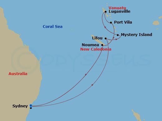 Celebrity Solstice - 12 Night - South Pacific Islands Cruise - Celebrity Solstice - Starting in Sydney AU, Lifou, Loyalty Island, Mystery Island, Vanuatu, Luganville, Vanuatu, Vil.. itinerary map