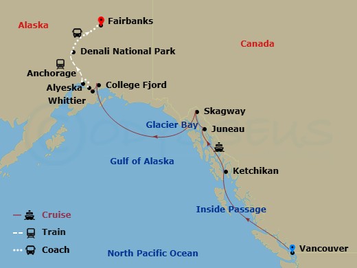 HAL Westerdam Cruise Tours - 14 Night - Ultimate Denali D4c - Tour D4c - HAL Westerdam Cruise Tours - Starting in Vancouver, BC, CA, Scenic Cruising the Inside Passage, Ketchikan, Alaska,.. itinerary map