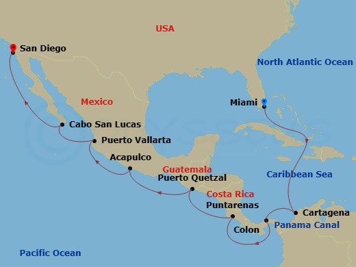 NCL Norwegian Star - 16 Night - Panama Canal - Miami - NCL Norwegian Star - Starting in Miami, Fl, Cartagena CO, Colon, Panama, Transit Panama Canal / At Sea, Puntarenas / Puerto.. itinerary map