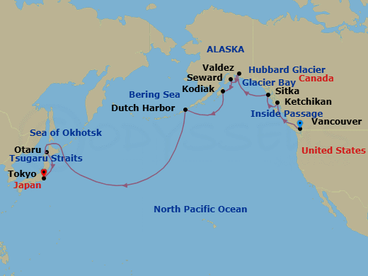 23 Night - North Pacific Passage - Viking Orion - Starting in Vancouver, British Columbia, Scenic Sailing the Inside Passage, Ketchikan, Alaska, Sitka, Alaska, Scenic Sailing Glacier Bay, Scenic Sailing Hubbard Glacier, Valdez, Alaska, Seward, Alaska, Kodiak, Alaska, Scenic Sailing Gulf of Alaska, Dutch Harbor, Alaska, Sail the Bering Sea, Sail the North Pacific Ocean, Sail the Okhotsk Sea, Sapporo (Otaru), Scenic Sailing Tsugaro Strait, Tokyo itinerary map