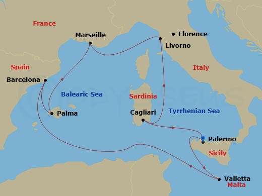 MSC Splendida - 8 Night - Mediterranean - MSC Splendida - Starting in Palermo (Monreale), Italy, La Valletta, Malta, Barcelona, Spain, Palma De Mallorca (Balearic Islands), S.. itinerary map