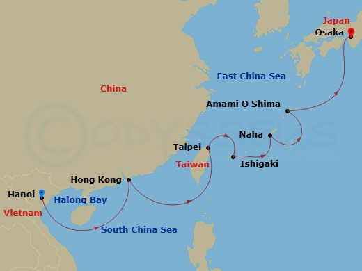 Star Seeker - 10 Night - East Asian Legends - Star Seeker - Starting in Halong Bay (Hanoi), Cruising Halong Bay, Halong Bay (Hanoi), Hong Kong, Keelung (Taipei), Ishigaki I.. itinerary map