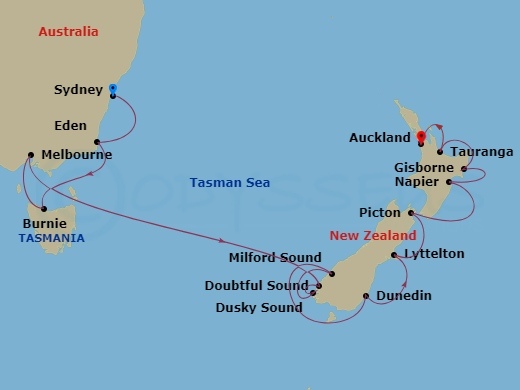 NCL Norwegian Spirit - 14 Night - Australia Product - NCL Norwegian Spirit - Starting in Sydney AU, Eden, Australia, Burnie, Tasmania, Australia, Melbourne, Australia, Cruise Doubtf.. itinerary map