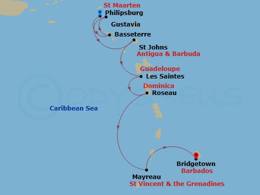 Wind Surf - 7 Night - Lush & Lovely Islands of the Lesser Antilles - Wind Surf - Starting in Philipsburg, St Maarten, Basseterre, Gustavia, St Johns, Les Saintes, Roseau,.. itinerary map