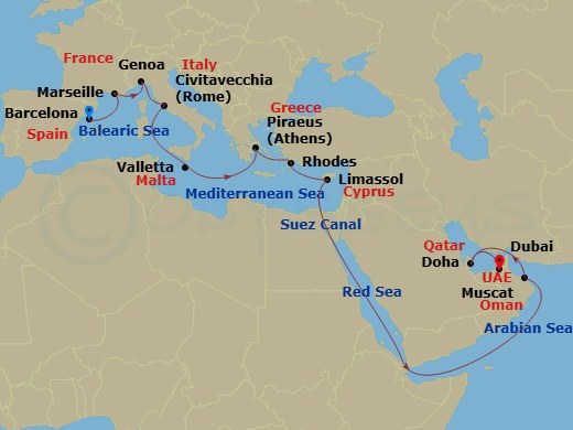 22 Night - Msc Grand Voyages - MSC World Europa - Starting in Barcelona, Spain, Marseille (Provence), France, Genoa (Portofino), Italy, Civitavecchia (Rome), Italy, La Valletta, Malta, Piraeus (Athens), Greece, Rhodes (Lindos), Greece, Limassol, Cyprus, Suez Canal (Transit), Egypt, Muscat, Oman, Doha, Qatar, Dubai, United Arab Emirates itinerary map