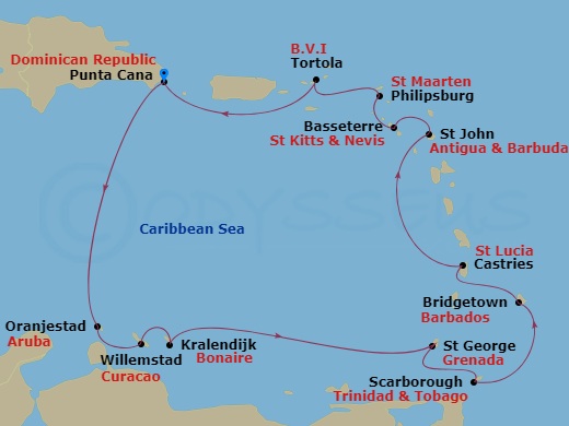NCL Norwegian Sky - 12 Night - Caribbean - NCL Norwegian Sky - Starting in Punta Cana (La Romana), Dominican Republic, Oranjestad, Aruba, Willemstad AN, Netherlands Antilles, Kra.. itinerary map