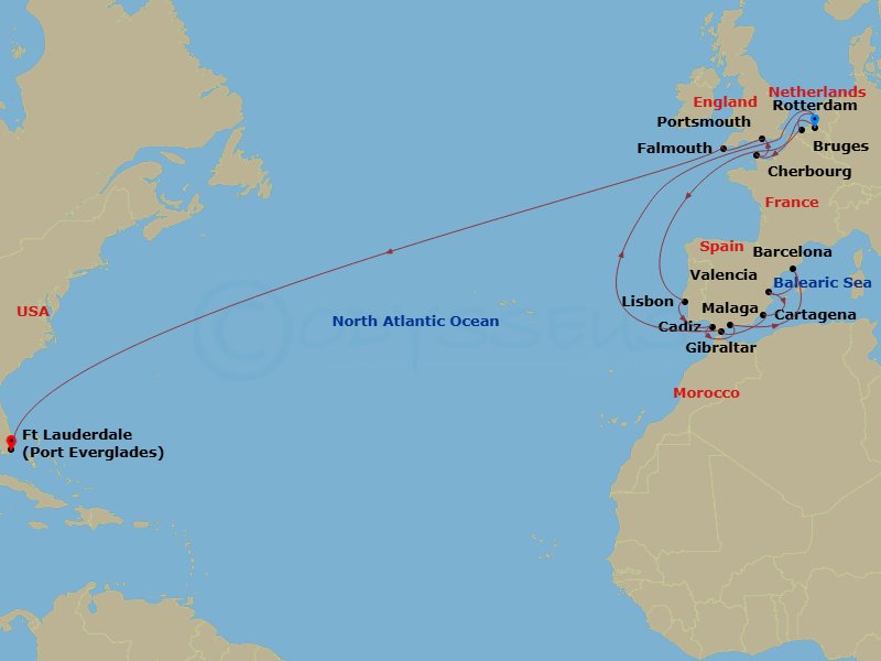 HAL Nieuw Statendam - 29 Night - Western Mediterranean Crossing with Lisbon Overnight - HAL Nieuw Statendam - Starting in Rotterdam, the Netherlands, Lisbon, Portugal, Cadiz (Sevil.. itinerary map