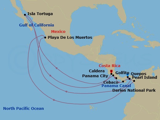7 Night - Coastal Adventures : Panama & Costa Rica - Emerald Azzurra - Starting in Panama City, Panama, Pearl Islands, Panama, Playa del Muerto / Darien National Park, Panama, Isla Cebaco, Panama, Golfito, Costa Rica, Quepos, Costa Rica, Curu and Isla Tortuga, Costa Rica, Puerto Caldera, Costa Rica itinerary map