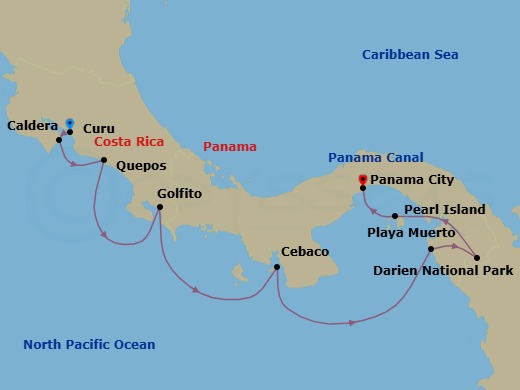 7 Night - Coastal Adventures : Costa Rica & Panama - Emerald Azzurra - Starting in Puerto Caldera, Costa Rica, Curu and Isla Tortuga, Costa Rica, Quepos, Costa Rica, Golfito, Costa Rica, Isla Cebaco, Panama, Playa del Muerto / Darien National Park, Panama, Pearl Islands, Panama, Panama City, Panama itinerary map
