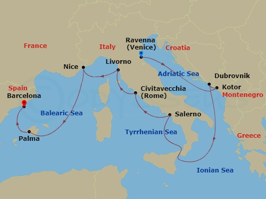 NCL Norwegian Viva Cruise Tours - 12 Night - Pre Venice Cruisetour - NCL Norwegian Viva Cruise Tours - Starting in At Hotel, Venice (Ravenna), Italy, Kotor, Montenegro, Dubrovnik, Croatia, Ama.. itinerary map