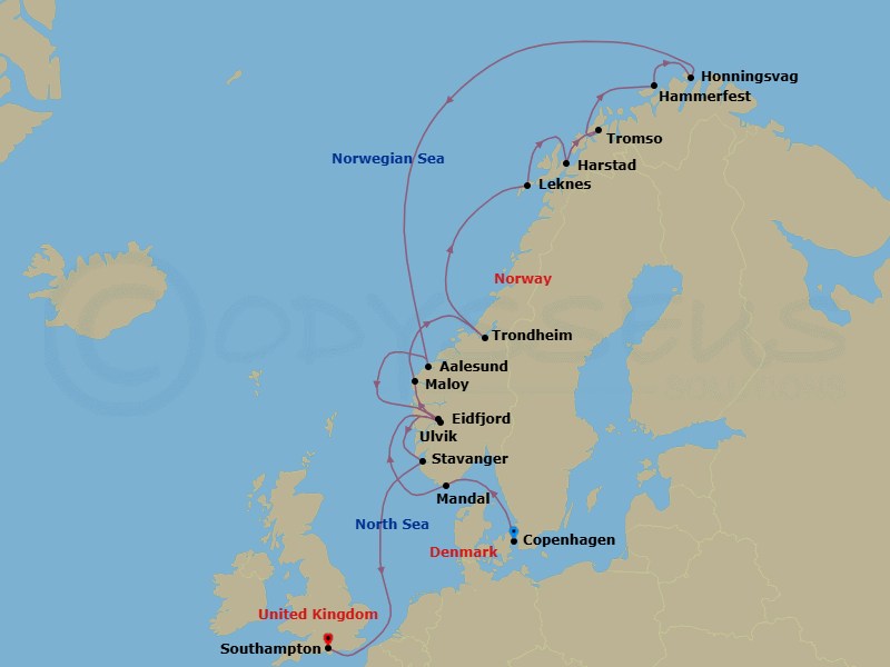 18 Night - Land of Vikings - Seven Seas Voyager - Starting in Copenhagen, Mandal, Cruising the North Sea, Ulvik, Norway, Maloy, Trondheim, Cruising the Norwegian Sea, Leknes, Harstad, Tromso, Hammerfest, Honningsvag, Cruising the Norwegian Sea, Alesund, Eidfjord, Stavanger, Cruising the North Sea, London (Southampton) itinerary map