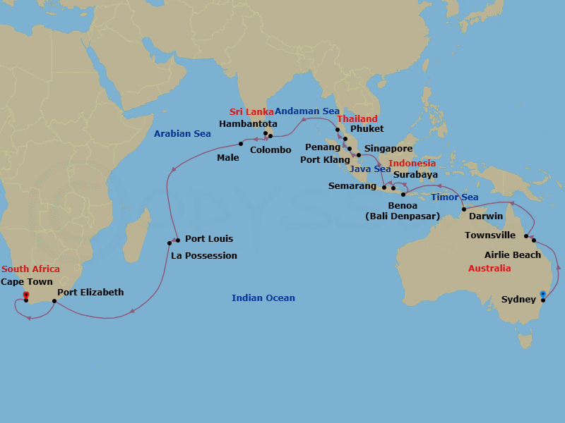40 Night - Grand World Voyage - Volendam - Starting in Sydney AU, Airlie Beach, Queensland, Australia, Townsville, Australia, Darwin, Australia, Benoa (Denpasar), Bali, Indonesia, Surabaya, Indonesia, Semarang, Java, Indonesia, Crossing the Equator, Singapore, Port Kelang (Kuala Lumpur), Malaysia, Penang, Malaysia, Phuket, Thailand, Hambantota, Sri Lanka, Colombo, Sri Lanka, Male, Maldives, Port Louis, Mauritius, La Possession, Reunion, Port Elizabeth ZA, Cape Town, South Africa itinerary map