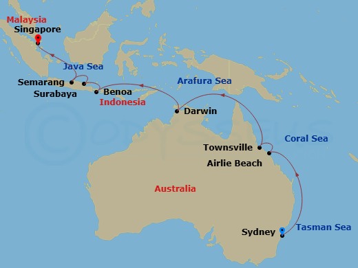 HAL Volendam - 18 Night - Grand World Voyage - HAL Volendam - Starting in Sydney AU, Airlie Beach, Queensland, Australia, Townsville, Australia, Darwin, Australia, Benoa (De.. itinerary map
