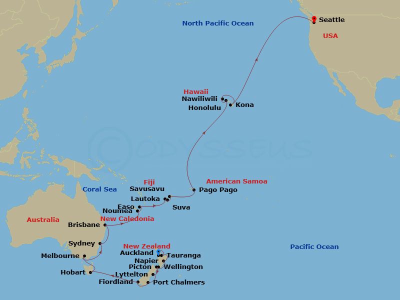 HAL Noordam - 42 Night - Australia, New Zealand & South Pacific Crossing - HAL Noordam - Starting in Auckland, New Zealand, Tauranga (Rotorua), New Zealand, Napier, New Zea.. itinerary map