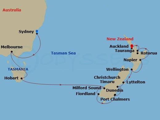 HAL Noordam - 14 Night - Australia & New Zealand - HAL Noordam - Starting in Sydney AU, Melbourne, Australia, Hobart, Tasmania, Australia, Milford Sound, New Zealand, Cruis.. itinerary map