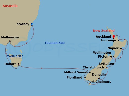 HAL Noordam - 14 Night - Australia & New Zealand - HAL Noordam - Starting in Sydney AU, Melbourne, Australia, Hobart, Tasmania, Australia, Milford Sound, New Zealand, Cruis.. itinerary map