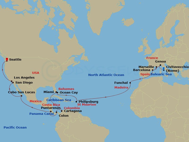 35 Night - Msc Grand Voyages - MSC Poesia - Starting in Civitavecchia (Rome), Italy, Genoa (Portofino), Italy, Marseille (Provence), France, Barcelona, Spain, Funchal (Madeira Islands), Portugal, Philipsburg, St Maarten, Ocean Cay Msc Marine Reserve, Bahamas, Miami, Florida, Cartagena CO, Colombia, Colon, Panama, Cruising Panama Canal, Puntarenas (San Jose), Costa Rica, Cabo San Lucas, Mexico, San Diego, Los Angeles, Seattle, Washington itinerary map