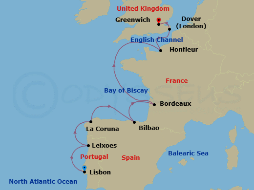 11 Night - Iberia, France & England Explorer - Viking Lyra - Starting in Lisbon, Porto (Leixoes), A Coruna, Bilbao, Bordeaux, Sail the Atlantic Ocean, Paris (Honfleur), Dover UK, London (Greenwich) itinerary map