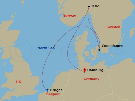 5 Night - Msc Grand Voyages - MSC Preziosa - Starting in Zeebrugge (Bruges), Belgium, Copenhagen, Denmark, Oslo, Norway, Hamburg, Germany itinerary map