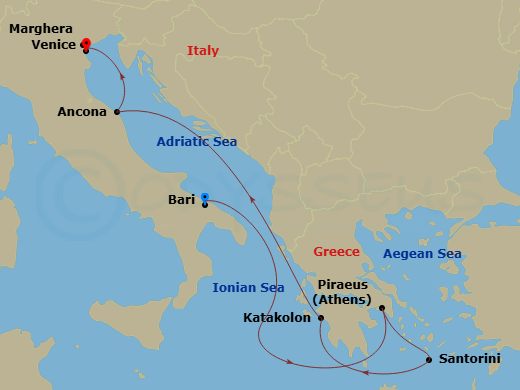 MSC Lirica - 7 Night - Mediterranean - MSC Lirica - Starting in Bari, Italy, Piraeus (Athens), Greece, Santorini, Greece, Katakolon (Olympia), Greece, Ancona (Urbino), Ita.. itinerary map
